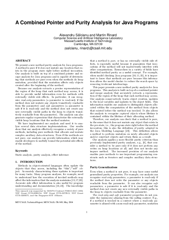 (PDF) A Combined Pointer and Purity Analysis for Java Programs