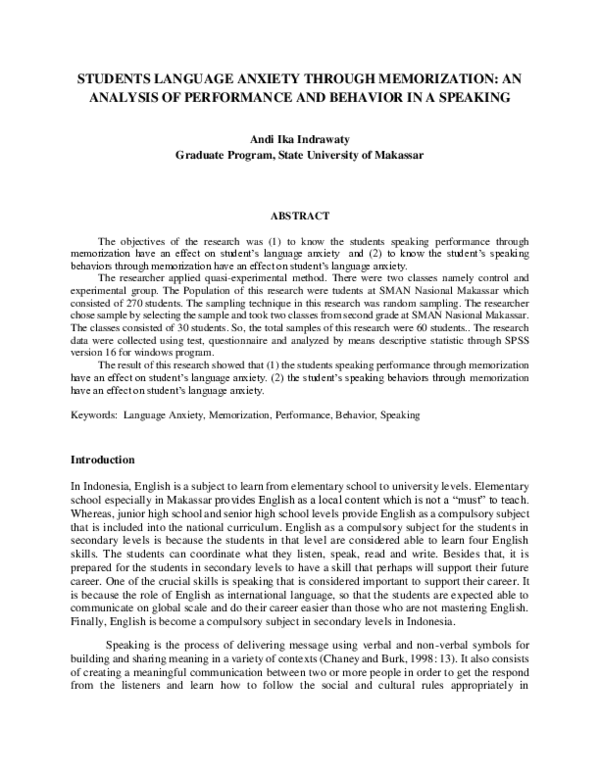 (PDF) Students Language Anxiety Through Memorization : An Analysis of ...