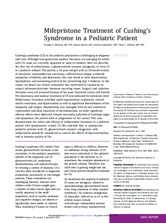 (PDF) Mifepristone Treatment of Cushing's Syndrome in a Pediatric