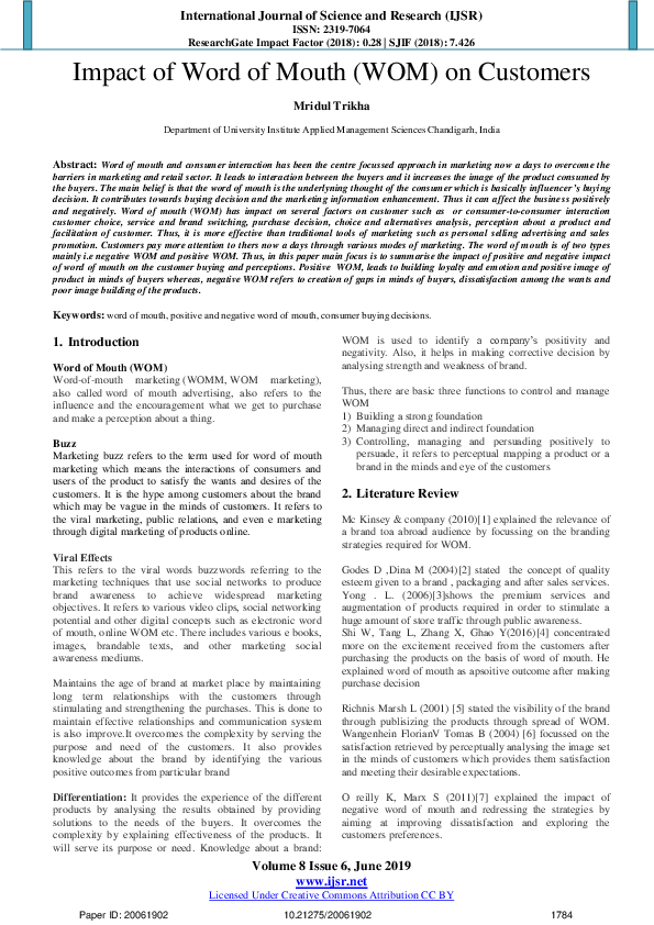 (PDF) Impact of Word of Mouth ( WOM ) on Customers