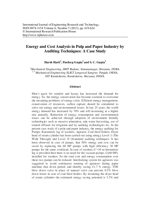 (PDF) Energy and Cost Analysis in Pulp and Paper Industry by Auditing ...