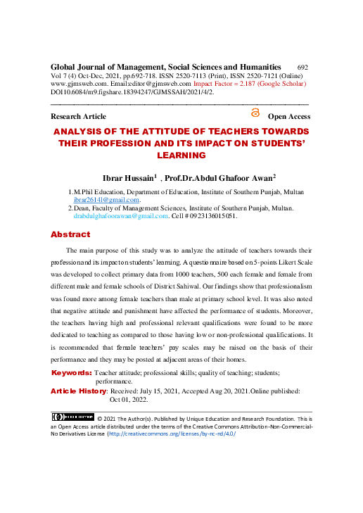 (PDF) ANALYSIS OF THE ATTITUDE OF TEACHERS TOWARDS THEIR PROFESSION AND ...