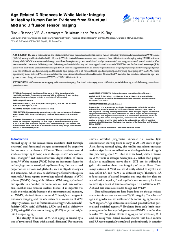 (PDF) Age-Related Differences in White Matter Integrity in Healthy ...