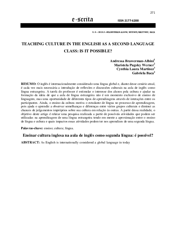 (PDF) Teaching Culture in the English as a Second Language Class: is it ...