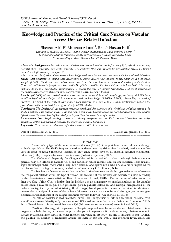 (PDF) Knowledge and Practice of the Critical Care Nurses on Vascular ...