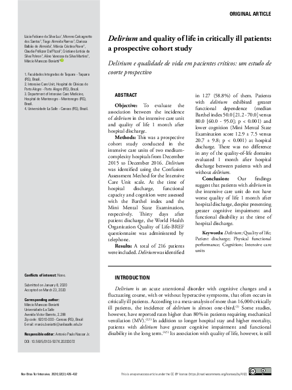 (PDF) Delirium and quality of life in critically ill patients: a ...