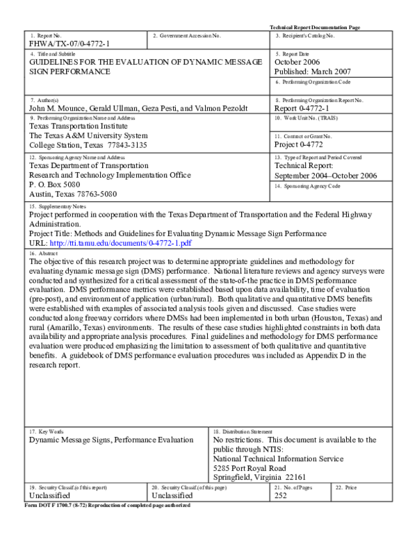 (PDF) Guidelines for the Evaluation of Dynamic Message Sign Performance