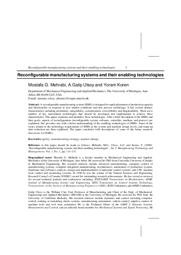 (PDF) Reconfigurable manufacturing systems and their enabling technologies