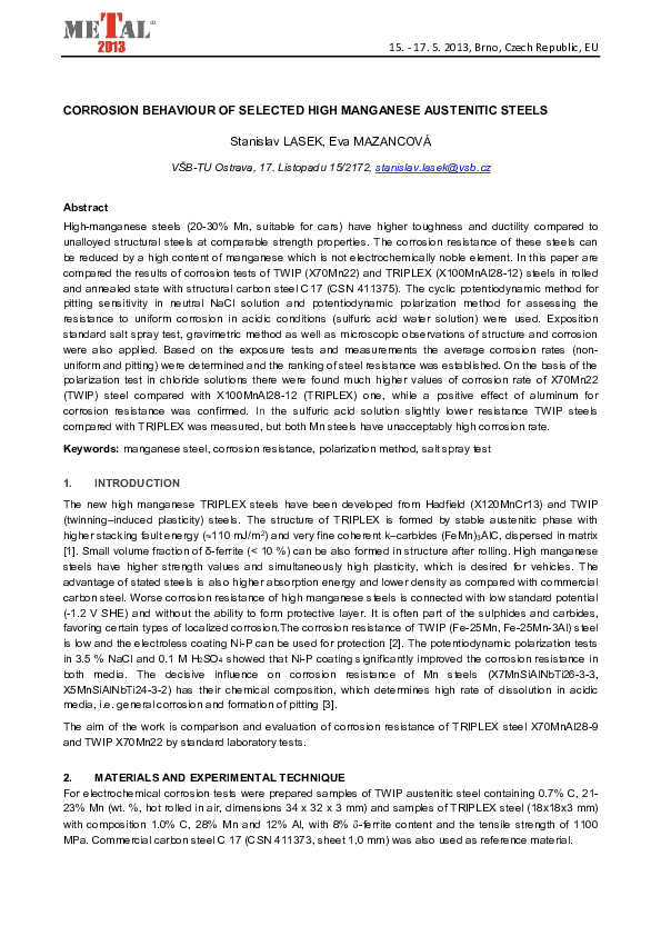 (PDF) Corrosion Behaviour of Selected High Manganese Austenitic Steels