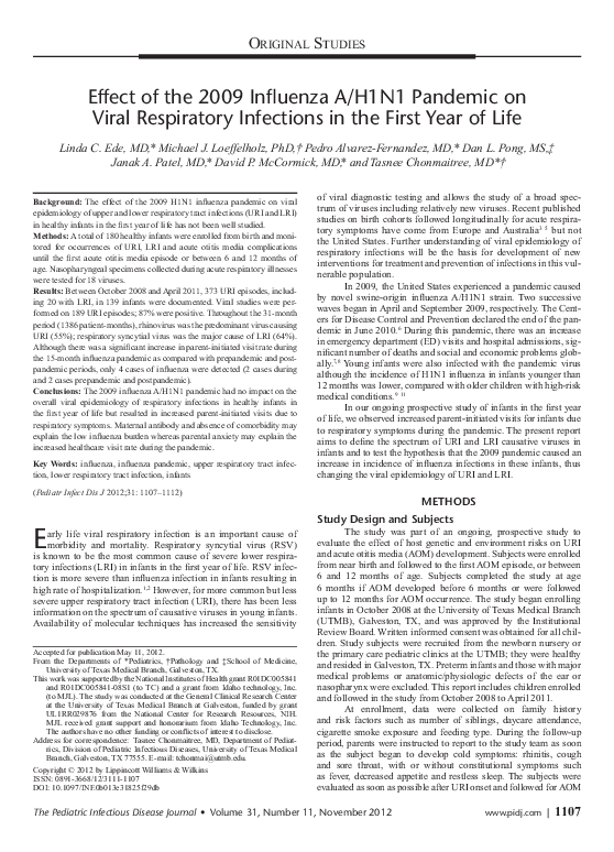 (PDF) Effect of the 2009 Influenza A/H1N1 Pandemic on Viral Respiratory ...