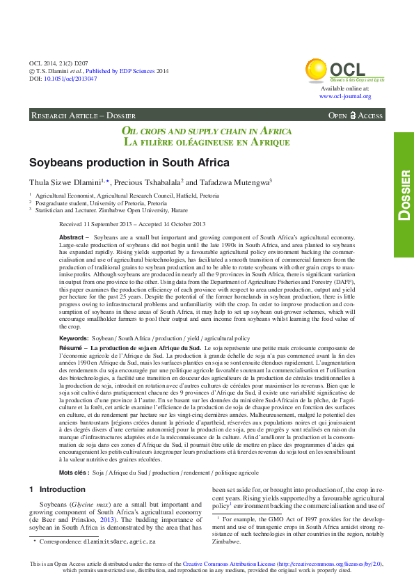 (PDF) Soybeans production in South Africa