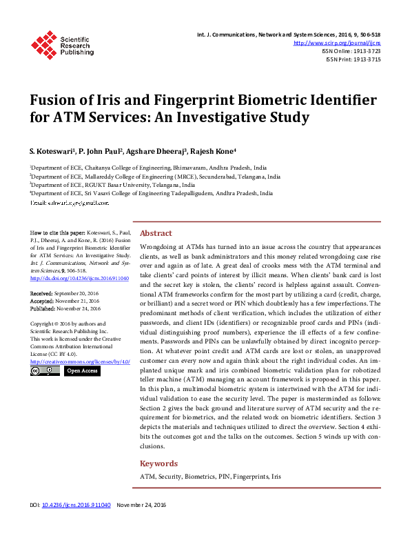 (PDF) Fusion of Iris and Fingerprint Biometric Identifier for ATM ...