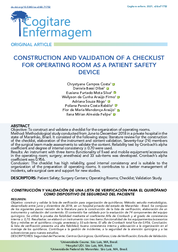(PDF) Construction and Validation of a Checklist for Operating Room as ...