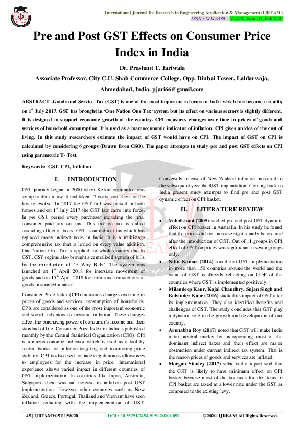 (PDF) Pre and Post GST Effects on Consumer Price Index in India