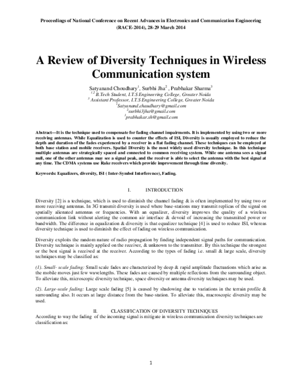 (PDF) A Review of Diversity Techniques in Wireless Communication system
