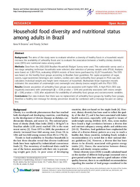 (PDF) Household food diversity and nutritional status among adults in ...