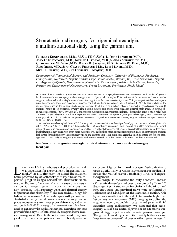 (PDF) Stereotactic radiosurgery for trigeminal neuralgia a multiinstitutional study using the