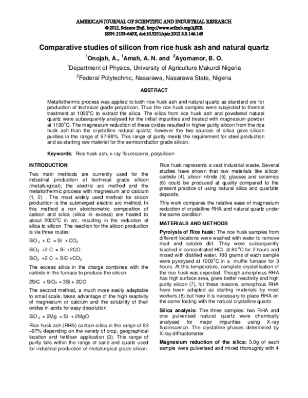 (PDF) Comparative studies of silicon from rice husk ash and natural quartz