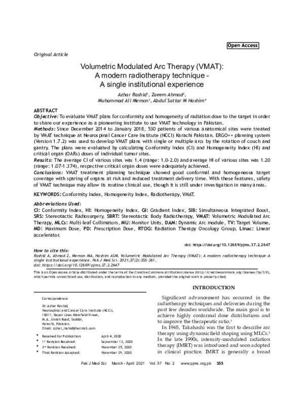 (PDF) Volumetric Modulated Arc Therapy (VMAT): A modern radiotherapy ...