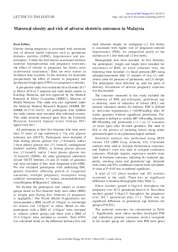 (PDF) Maternal obesity and risk of adverse obstetric outcomes in Malaysia