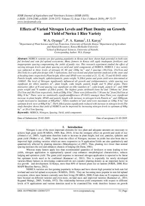 (PDF) Effects of Varied Nitrogen Levels and Plant Density on Growth and ...