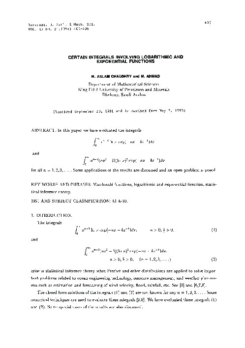 (PDF) Certain integrals involving logarithmic and exponential functions
