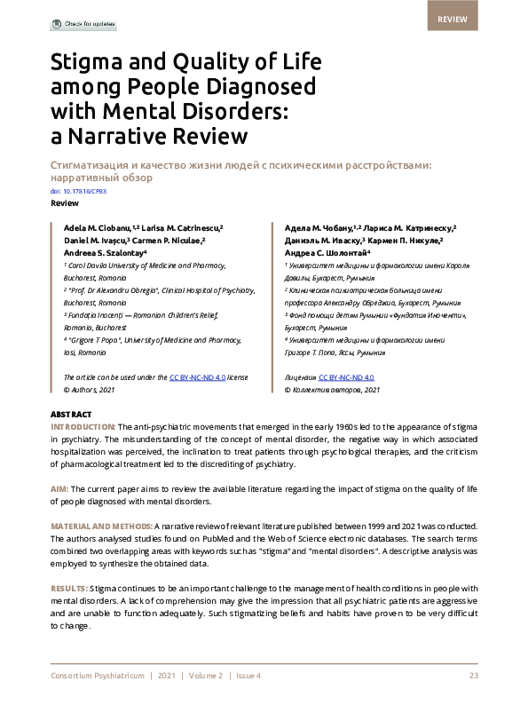 (PDF) Stigma and Quality of Life among People Diagnosed with Mental ...