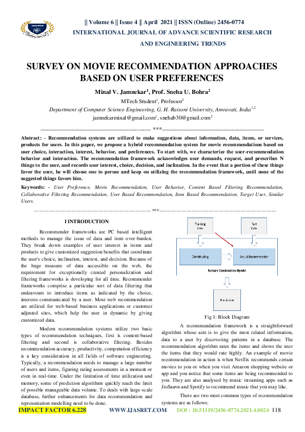 (PDF) Survey on Movie Recommendation Approaches Based on User Preferences