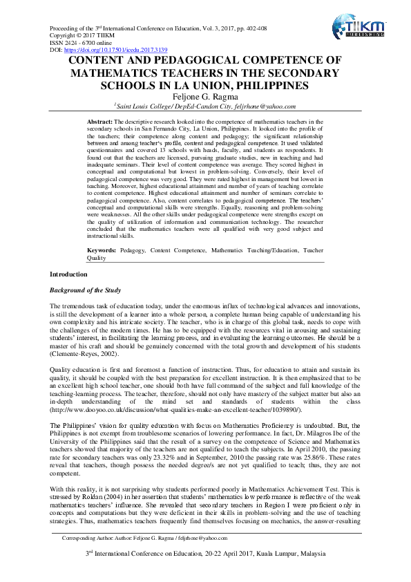 (PDF) Content and Pedagogical Competence of Mathematics Teachers in the ...