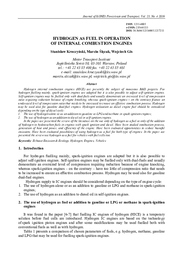 (PDF) Hydrogen as fuel in operation of internal combustion engines