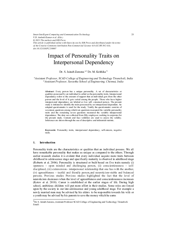 (PDF) Impact of Personality Traits on Interpersonal Dependency