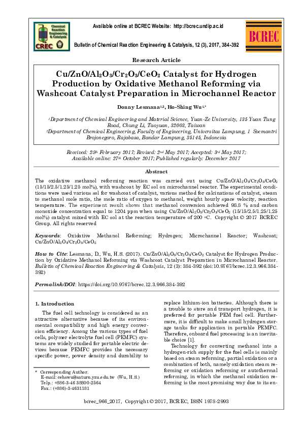 (PDF) Cu/ZnO/Al2O3/Cr2O3/CeO2 Catalyst for Hydrogen Production by ...