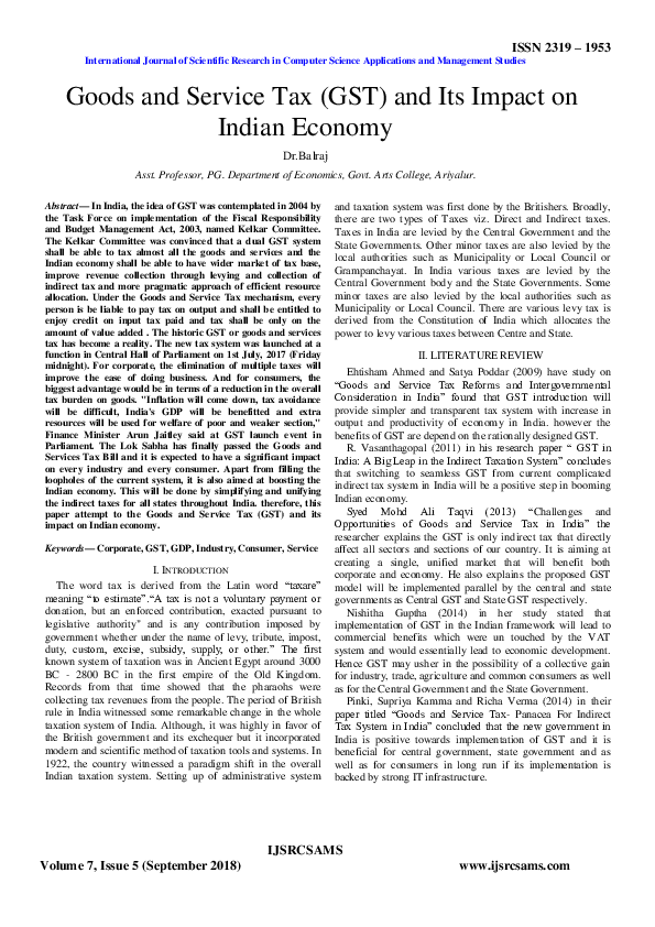 (PDF) Goods and Services Tax (GST) and Its Impact on Indian Economy