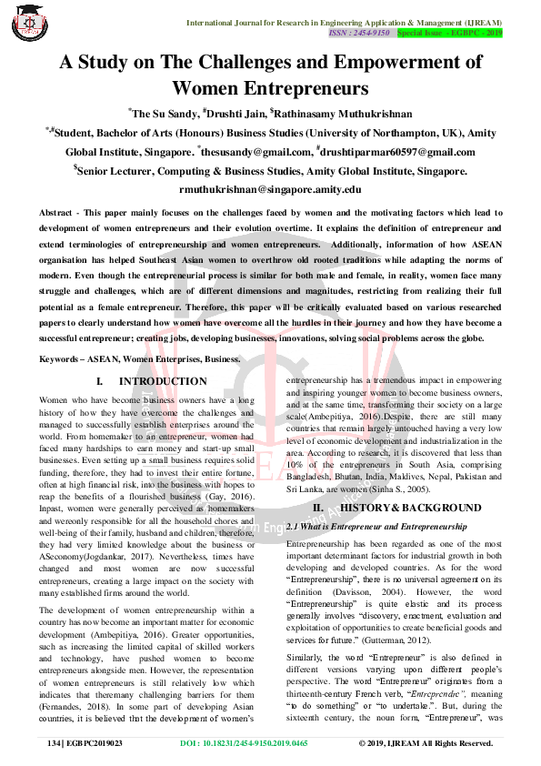 (PDF) A Study on The Challenges and Empowerment of Women Entrepreneurs