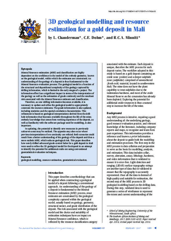 (PDF) 3D geological modelling and resource estimation for a gold ...