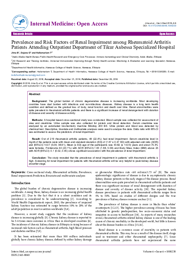 (PDF) Prevalence and Risk Factors of Renal Impairment among Rheumatoid ...