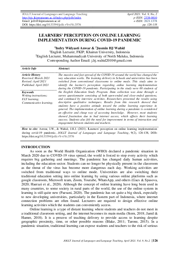 (PDF) Learners' Perception on Online Learning Implementation During ...