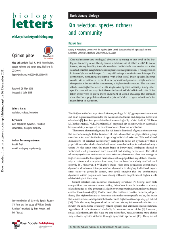 (PDF) Evolutionary biology Kin selection , species richness and community
