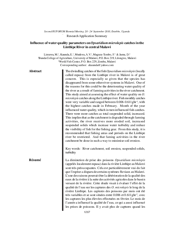 (PDF) Influence of water quality parameters on Opsaridium microlepis ...