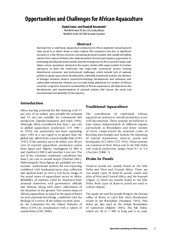 (PDF) Opportunities and Challenges for African Aquaculture