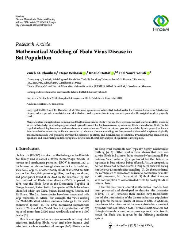 (PDF) Mathematical Modeling of Ebola Virus Disease in Bat Population