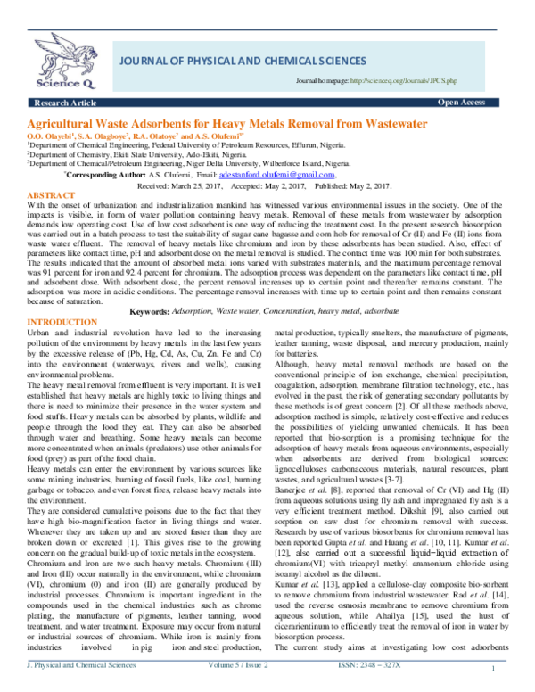 (PDF) Agricultural Waste Adsorbents For Heavy Metals Removal From ...