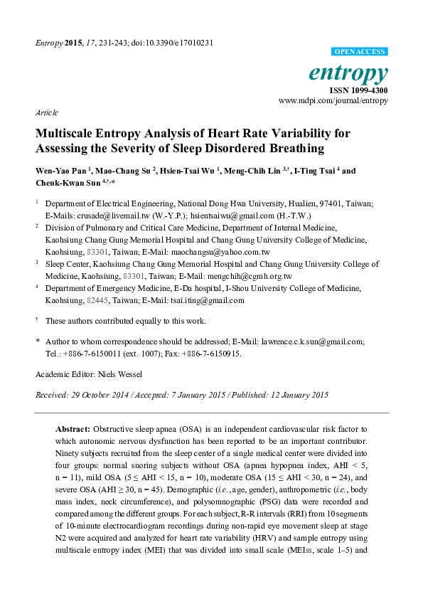 (PDF) Multiscale Entropy Analysis of Heart Rate Variability for ...