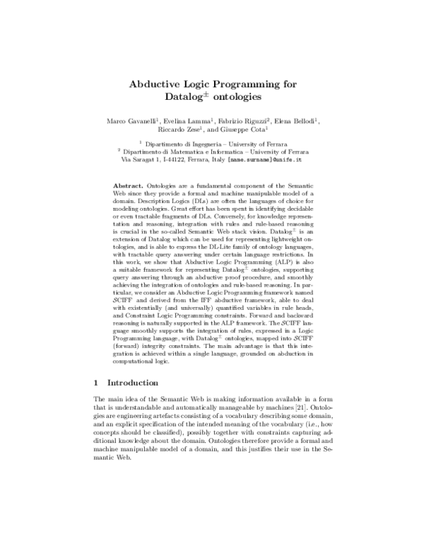 (PDF) Abductive logic programming for Datalog +/- ontologies