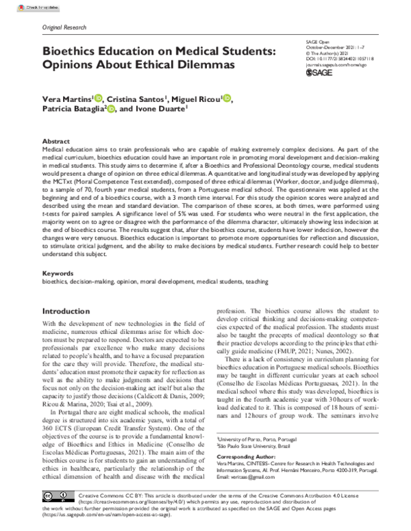(PDF) Bioethics Education on Medical Students: Opinions About Ethical ...