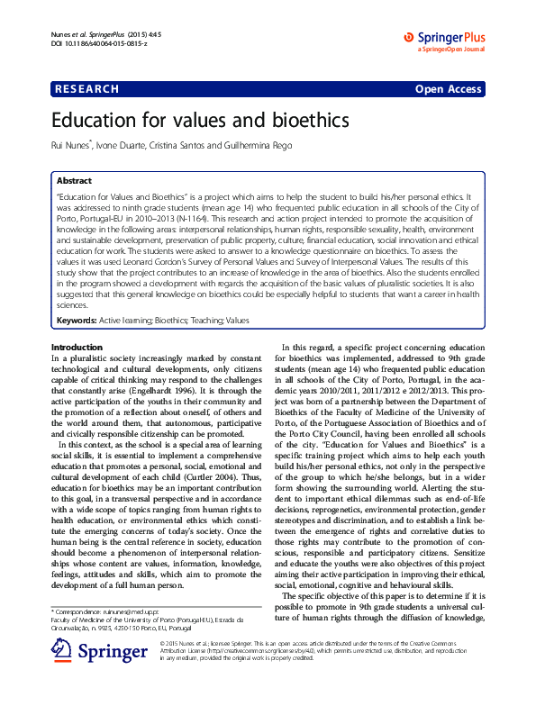 (PDF) Education for values and bioethics