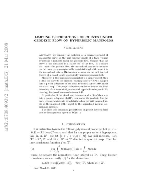 (PDF) Limiting distributions of curves under geodesic flow on ...