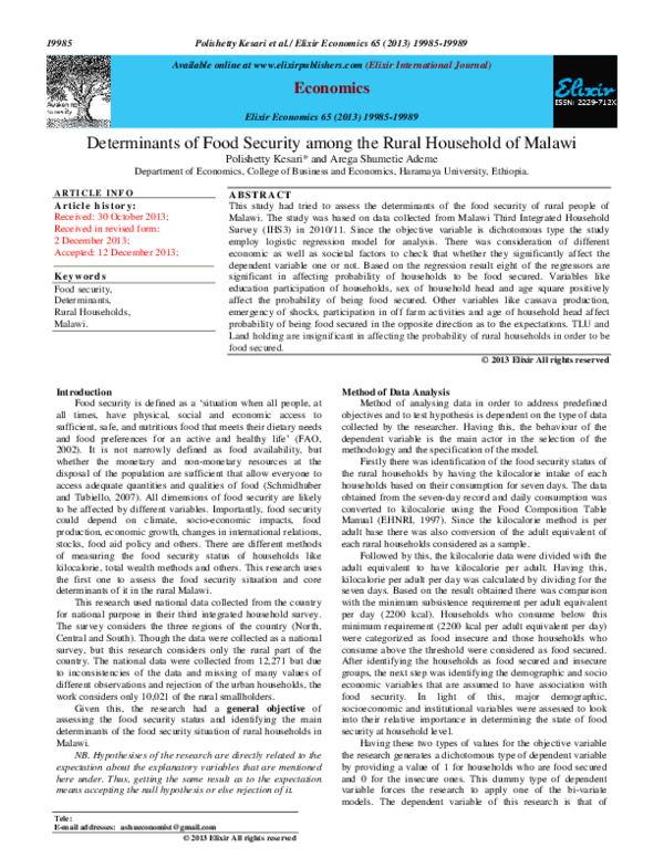 (PDF) Determinants of Food Security among the Rural Household of Malawi