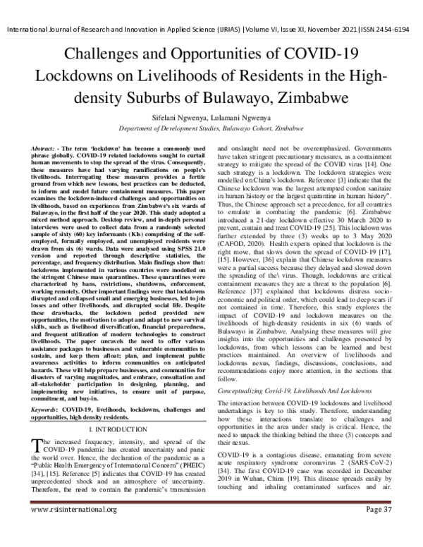 (PDF) Challenges and Opportunities of COVID-19 Lockdowns on Livelihoods ...