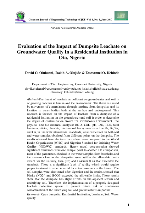 (PDF) Evaluation of the Impact of Dumpsite Leachate on Groundwater ...